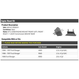 Engine Mount Kit - 3-Piece - Compatible with 1988-1997 Ford Ranger 2.3L 4-Cylinder 4WD, 2WD (Fits 1988 2.0L and 2.3L 4-Cylinder)