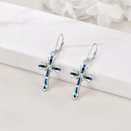 YAFEINI Sterling Silver Leverback Opal Cross Drop Earrings Cross Jewellery for Women and Girls, Silver, Not known.