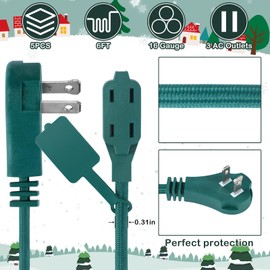 Tellegloww 5 Pcs Christmas 6 ft Green Extension Cord Indoor Extension Cord 3 Outlet Braided Flat Plug Wire with Low Profile Plug Small Flexible for Outdoor Holiday Light Home Appliances