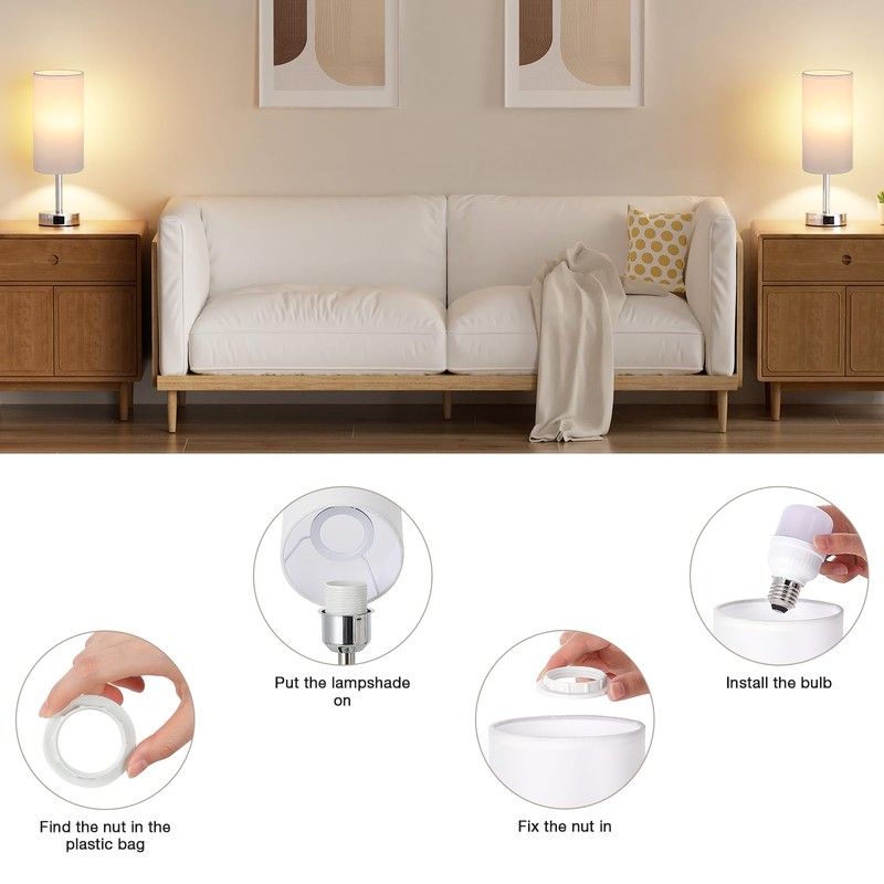 Aooshine Touch Lamps, Table Lamps with White Shade, Silver Base(Bulb