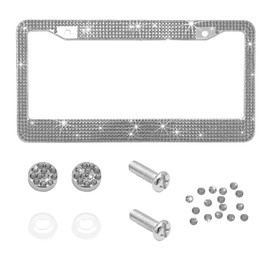 SHMZK Bling Car License Plate Frame, Handcrafted Rhinestone License Plate Frame with Glitter Screw Caps, Sparkly Bedazzled Diamond Stainless Steel License Plate Holder for Women (Gray)