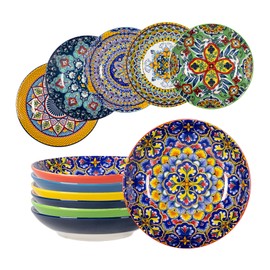 HENXFEN LEAD Porcelain Pasta Bowls 26 Oz, Serving Plates for Soup, Salad, Dessert - Wide Shallow Bowls Set of 6, Microwave & Dishwasher Safe - Bohemian Style