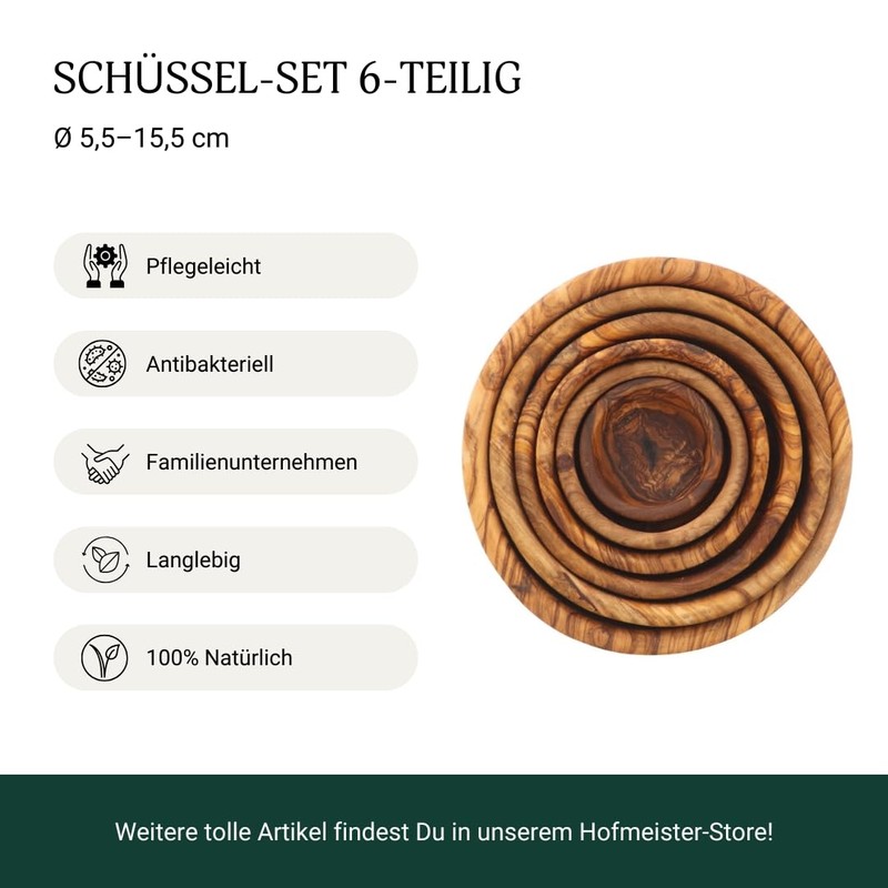 HOFMEISTER® Set of 6 Olive Wood Bowls, Eye-catching Grain, Diameter