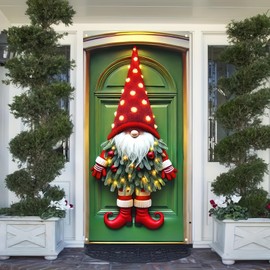 BlissYard Christmas Door Cover 71x35 Inch Christmas Gnome Hanging Banner Backdrop Photography Background Decoration Gnome Door Banner Winter Xmas New Year Holiday Party （Banner, Not a Real Wreath）
