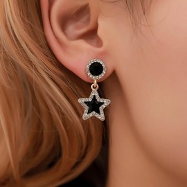 Cimenexe Bohemian Crystal Star Dangle Earrings Gold Cz Star Circle Drop Earrings Black Enamel Star Earrings Small Rhinestone Star Circle Earrings Jewelry for Women and Girls Gifts