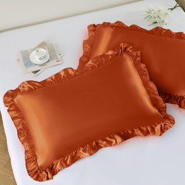 NSGZ Ruffled Satin Pillowcase Set of 2, Queen Size Silky Pillow Shams for Hair and Skin Care, Rust Satin Pillow Covers with Envelope Closure, Anti Wrinkle Pillow Cases for Modern Room Decor