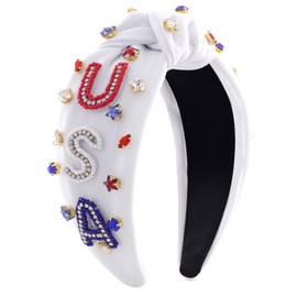 Fourth of July American Flag Headband for Women Girls Red White and Blue USA Hair Accessories Patriotic Knotted Crystal Rhinestone Jeweled Hairband
