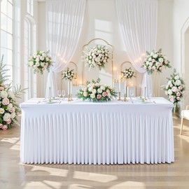 Little Funny 2 Pack White Spandex Tablecloth for 6 Foot Rectangle Tables, Wrinkle Free Spandex Table Covers 6ft, Stretch Table Cloth with Ruffle Skirt for Wedding, Birthday, Banquet Party Decoration