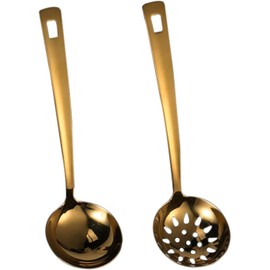 2 Pieces Gold Soup Ladles Colander Set, Heavy Duty Soup Ladle, Serving Spoons for Hotpot, Stainless Steel Cooking Ladle, Kitchen Accessories for Stirring (Gold, One Size)