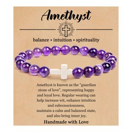 Cross Bracelet for Women Beaded Cross Bracelet WWJD Jesus Bracelets 8mm Natural Gemstone Crystal Bracelet Religious Christian Gifts for Women Trendy Stocking Stuffers