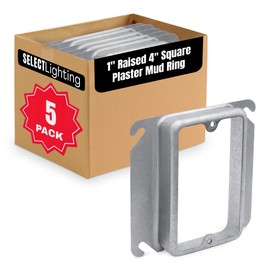 Select 5 Pack 1-Inch Raised 4-Inch Square (4S) One Gang Plaster Ring with Angled Slots, Mud Ring for Wiring Connections, Housing Receptacles & Switches.