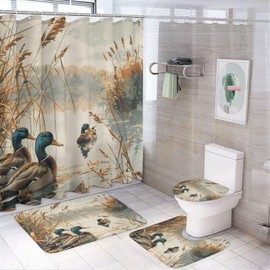 TOWINSFB 4Pcs Wild Lake Duck Shower Curtain Set with Toilet Lid Cover U-Shaped Mat and Non-Slip Rugs, Rustic Animal Plant Scenery Shower Curtain Bathroom Decor Set, 72" x 72"