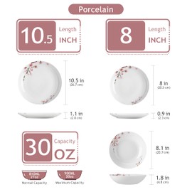 VEWEET 18 Pieces Dinnerware Sets for 6, Porcelain Plates and Bowls Set with Pink Floral, Classic Dishes Set Dining Ware for Dinner, Microwave and Dishwasher Safe, Series ANNIE