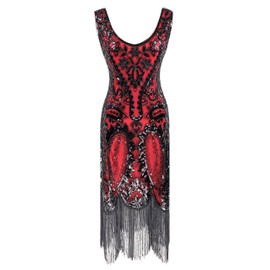 Women's 1920s Flapper Fringe Beaded Great Gatsby Party Dress with Costume Set (XX-Large, Black&Red)