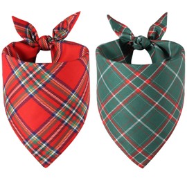 Doncida Red Green Buffalo Plaid Dog Bandanas for Christmas 2 Pack, Reversible Triangle Dog Scarf for Large and X-Large Dogs, Premium Durable Fabric Bibs for Pets (X-Large)
