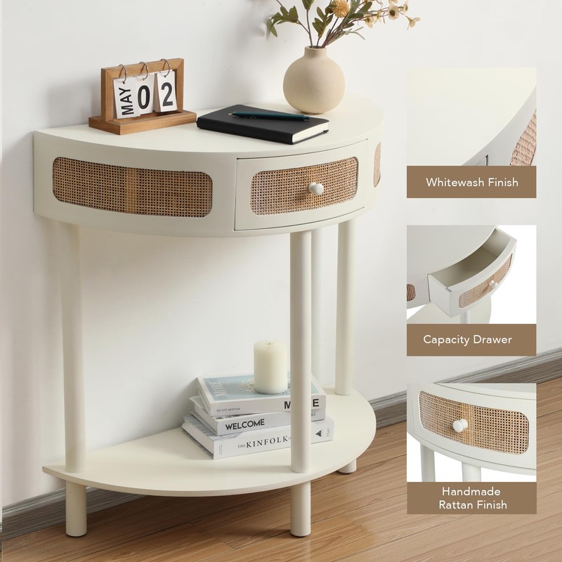 Wnutrees Rattan Half Moon Console Table, Modern Entryway Table with