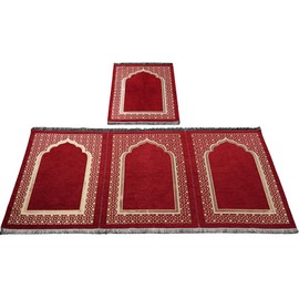 Modefa Turkish Islamic Prayer Rug - Multiperson Prayer with Imam Spot, Janamaz Sajada for Family or & Group Praying Mat - Chenille Embroidered Selcuk Star Islamic Pattern (4 Person) (Red)