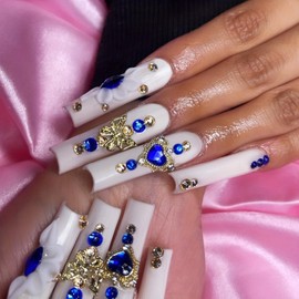 Long Square Press on Nails Blue Hearts Rhinestones Fake Nails Full Cover White False Nails with Glossy Gold Butterfly Charms Design 5D Flower Stick on Nail Sparkly Nail for Women Manicure 24Pcs