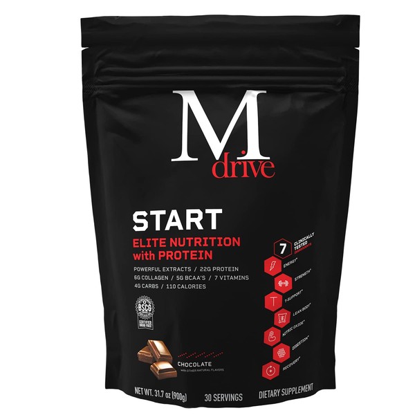 Mdrive Start, 9-in-1 Protein and Nutrition Shake, Supports Energy, Strength, Digestion, Immune Health, Nitric Oxide, Recovery and Reduces Stress - Chocolate Mousse 31.7oz, 30 Servings