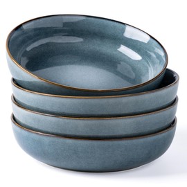 GBHOME 9'' Large Ceramic Pasta Bowls, 38oz Stoneware Pasta Serving Bowls Set of 4 for Kitchen, Wide Bowls for Fruit,Pasta,Salad,Oatmeal,Meal, Microwave Safe, Reactive Glaze-Space Blue