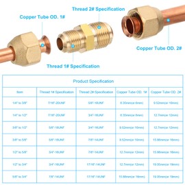 PATIKIL Copper Fitting 9.52mm to 12.7mm Pipe Coupler Reducer Adapter with 2 Air Conditioner Refrigerator Flare Nuts