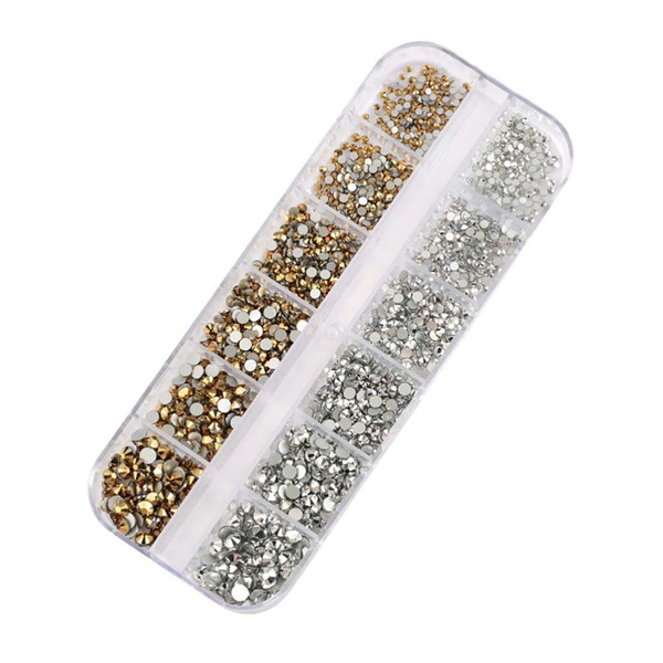 Minkissy 1440pcs Nail Art Rhinestone Round Beads Crystal Gemstones ?Stones? Flatback Nail Diamond Charms Rivets Sequins for DIY Art Manicure Scrabook (Silver Gold)