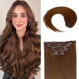 HILYN Extensions Real Human Hair Brown Clip Clip in Hair Extensions Human Hair Straight Extensions 18 inches hair extensioins