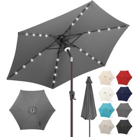 FLAME&SHADE 10ft Solar Umbrella - 24 LED Lighted Patio Umbrella with Centre Surround Light, Outdoor Table Umbrellas with Tilt & Crank for Pool, Porch, Garden, Deck, Backyard UV Protection (Anthracite)