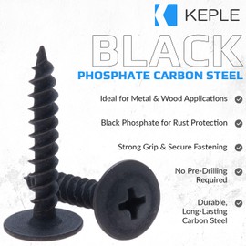 4.2mm x 25mm Wafer Head Self Tapping Screw, Black Phosphate, Modified Truss Head Wood Screws, Carbon Steel Fine Thread Phillips Drive, Pozi Flanged Head for Sheet Metal and Plasterboard (50 pcs)