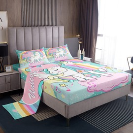 Unicorn Bed Sheets Full Size for Girls, Cute Unicorn Kids Bedding Set Rainbow Kawaii Printed Unicorn Sheet Set with Rainbow Hair for Kids Teens Bed Set with 1 Unicorn Sheet+2 Unicorn Pillowcases