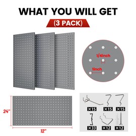 DIOOSN Pegboard, Metal Peg Board, Pegboards Wall Organizer with 57 Pcs Hooks, Sturdy Peg Board for Garage Tool Organization, Home & Office Wall Decoration (Grey, 3 Pack)