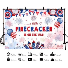 MEHOFOND 7x5ft 4th of July Firecracker Baby Shower Backdrop A Little Firecracker is On The Way Photography Background Independence Day Baby Shower Decor Patriotic Red White and Due Banner Photo Props