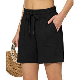 AVICHIC Linen Shorts for Women Casual Wide Leg Loose Drawstring High Waist Summer Beach Shorts 2025 Comfy 5" Black S