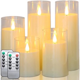 Fo32won Ivory White LED Flameless Pillar Candles Battery Operated with Remote and Timer, Pack of 5 (D 3"×H 4" 5" 6" 8" 8") Plexiglass LED Flickering Candles with 3D Flame