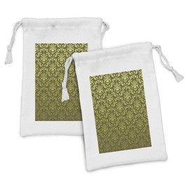Lunarable Damask Fabric Pouch Set of 2, Victorian Floral Pattern with Petals Rococo Style Vintage Design, Small Drawstring Bag for Toiletries Masks and Favors, 9" x 6", Army Green