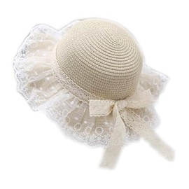 Kids Sun Hat Girls Lace Bowknot Straw Hat Cap Packable Foldable Wide Brim Summer Beach UV Sun Protection Straw Hat, Beige