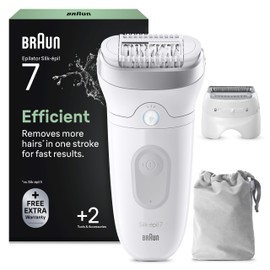 Braun Silk·épil 7, Wet & Dry epilator with wide head for easy hair removal, long-lasting smooth skin, including sliding head, regulation cap, 7-030, silver