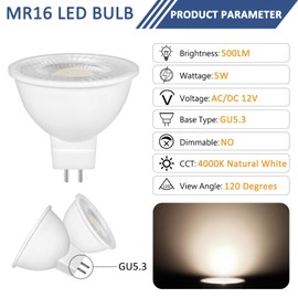 6 Pack MR16 GU5.3 LED 5W 12V Reflector Bulb, Natural White 4000K, Equivalent to 50W 35W Halogen Spotlight Bulb, 500LM, 120°Beam Angle, Non-Dimmable, for Hallway, Ceiling Spotlight