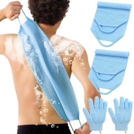 LUFFLOK Bath Sets, 2Pcs Exfoliating Glove and 2Pcs Body Scrubber, Back Scrubbers for Use in Shower, Exfoliating Mitt and Exfoliating Towel for Body, Face, Shower, Bath and Deep Cleansing (Blue)