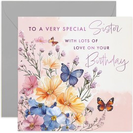 Special Sister Birthday Cards - Purple Floral Artwork with Butterflies - Gifts for Her Birthday - For Big Sister - Female Family Members Birthday Greeting Cards - Traditional Designs