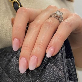 XCREANDO Gradient Pink Press on Nails Short Almond Fake Nails Press ons, Thick Glue on Nails Short False Nails, Medium Almond Nails Oval Round Shaped Nails for Women, 24Pcs Natural Acrylic Gel Nails