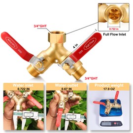 YELUN Garden Hose Splitter Full Flow Splitter No Restricted-Flow Connector Heavy Duty Brass Hose y Splitter, 2 way High Flow Hose Bib Adapter with Shut Off Valves (Long Handle)