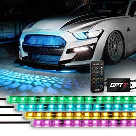 OPT7 Aura 4PCS LED Grille Lights with Remote Control, 24 inches IP67 Waterproof LED Strip Lights, Multi-Color, Dimmer, Fade, Cycle, Strobe, Peel'n'Stick Front Grill Valence, for Car Truck SUV