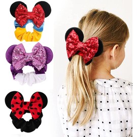 3Pcs Mouse Ear Sequins Scrunchies,Mouse Ears Hair Scrunchies Velvet Sparkle Sequin Hair Ties Elastic Hair Bands Ropes Ponytail Holder Bow,Mouse Ears Velvet Scrunchies Bows Hair Bands Hair Ties
