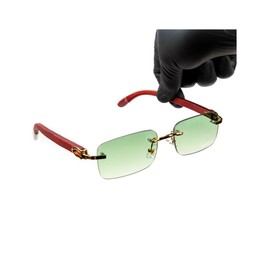 Street Knitted Square Rimless Gold Frame Green Tint Luxury Sunglasses for Women Men Trendy Rectangle Vintage Woodgrain Shades Retro 90s Gangster Frameless Sun Glasses, Green, Medium