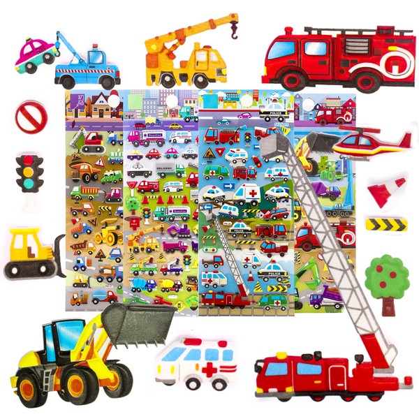 imnext2u 3D Puffy Stickers for Kids Reusable Car Sticker for Toddler, Boys, Girls includes Truck Construction Tractor - 4 Sheets (Vehicle)