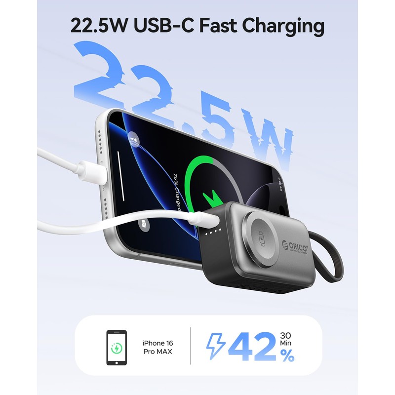 ORICO 5000mAh Portable Charger with Built-in USB-C Cable