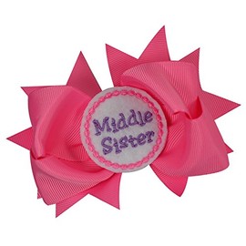 Girls Sister Hair Bow with Embroidered Felt Appliqué - 4.5 Inch Grosgrain (Middle Sister)