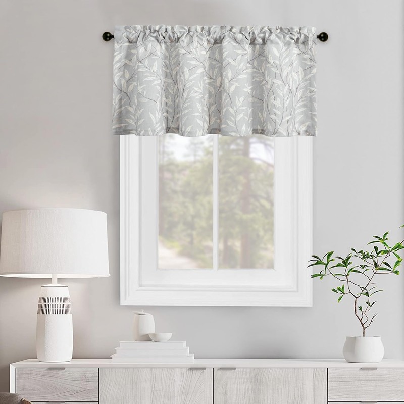 VOGOL Grey Window Valances for Farmhouse, 1 Panel Leaves Printed