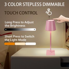 MIOBLUE 2 Pack Cordless Table Lamp,Portable LED Desk Lamp, 5200mAh Battery Operated, 3 Color Dimmable Table Light for Restaurant,Coffee Shop Night Light,Bedroom,Bars,Outdoor Party,Camping（Pink）